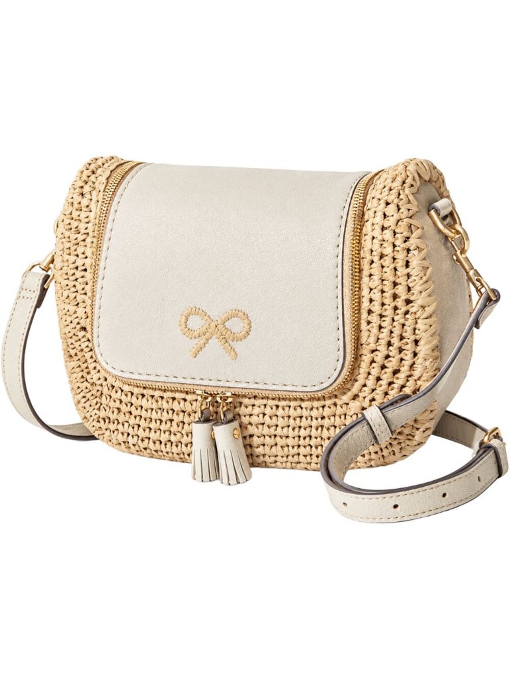 Anya Hindmarch Vere Leather Raffia Crossbody Bag Bow Tassels Small